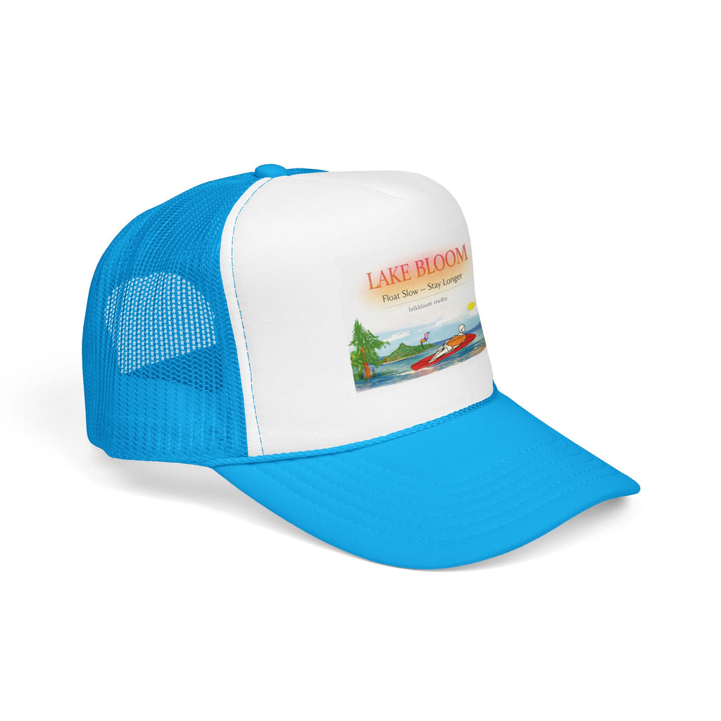 Lake Bloom Trucker Hat – Retro Lake Scene Foam Cap (Boat & Sunset)