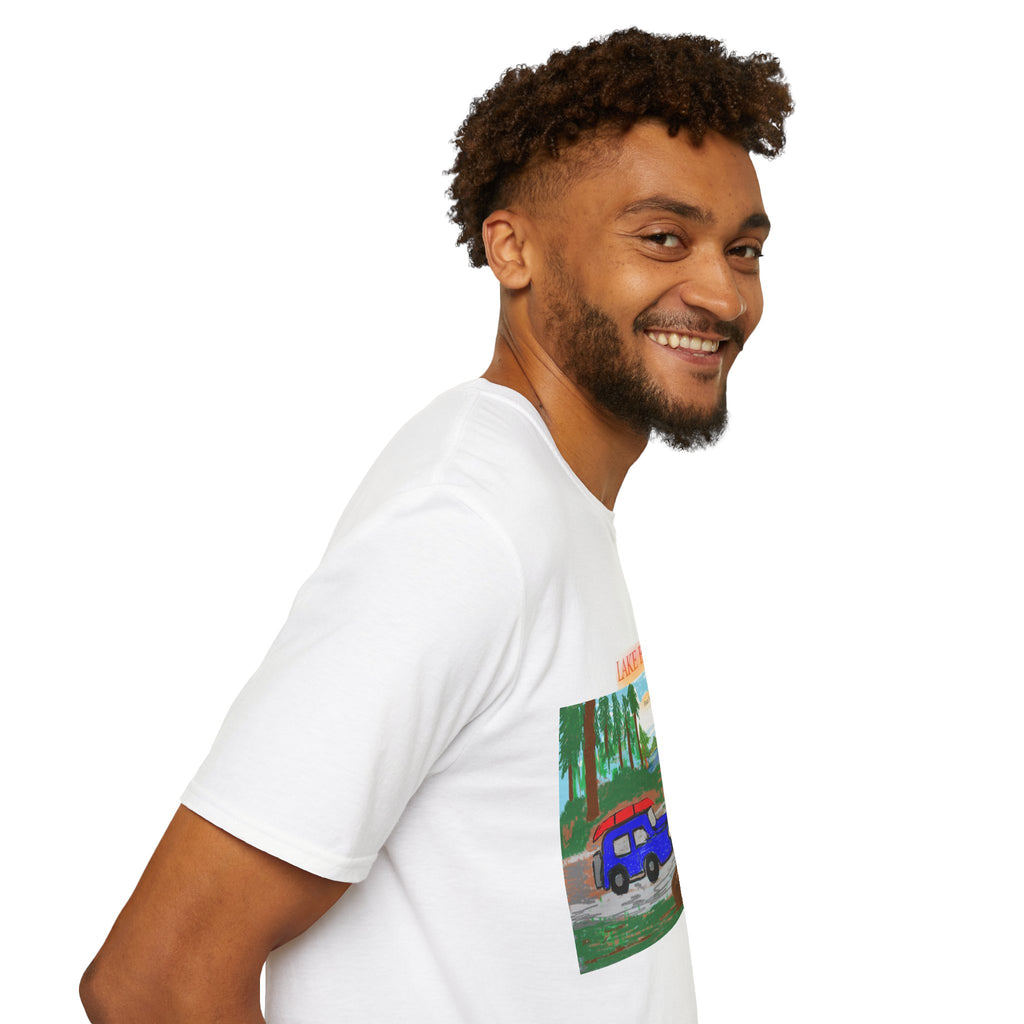 Lake Bloom Scenic T-Shirt — Vintage Camper Van Lake Sunset Design