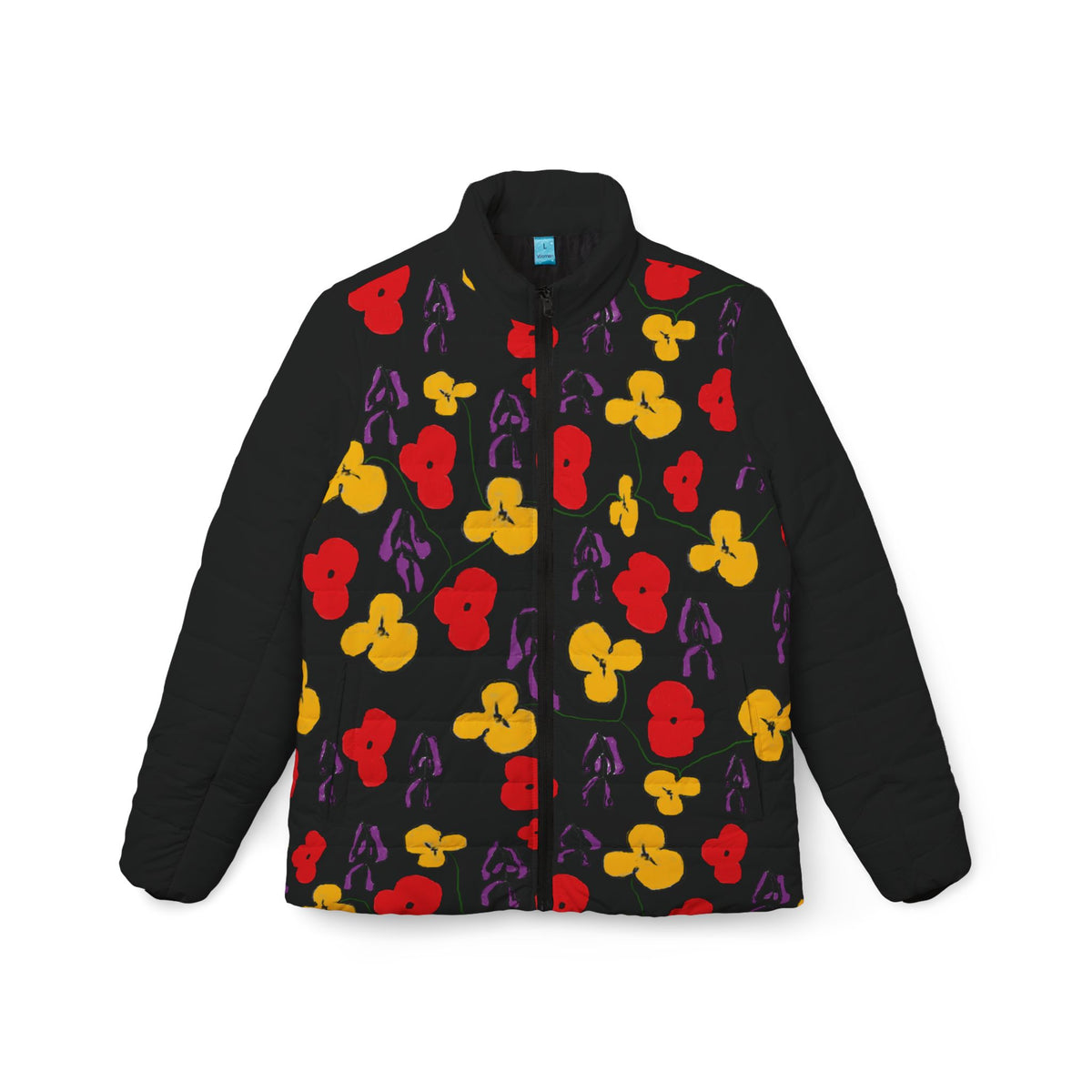 Floral Pop black Puffer Jacket – Women's Colorful All-Over Print Winter Coat