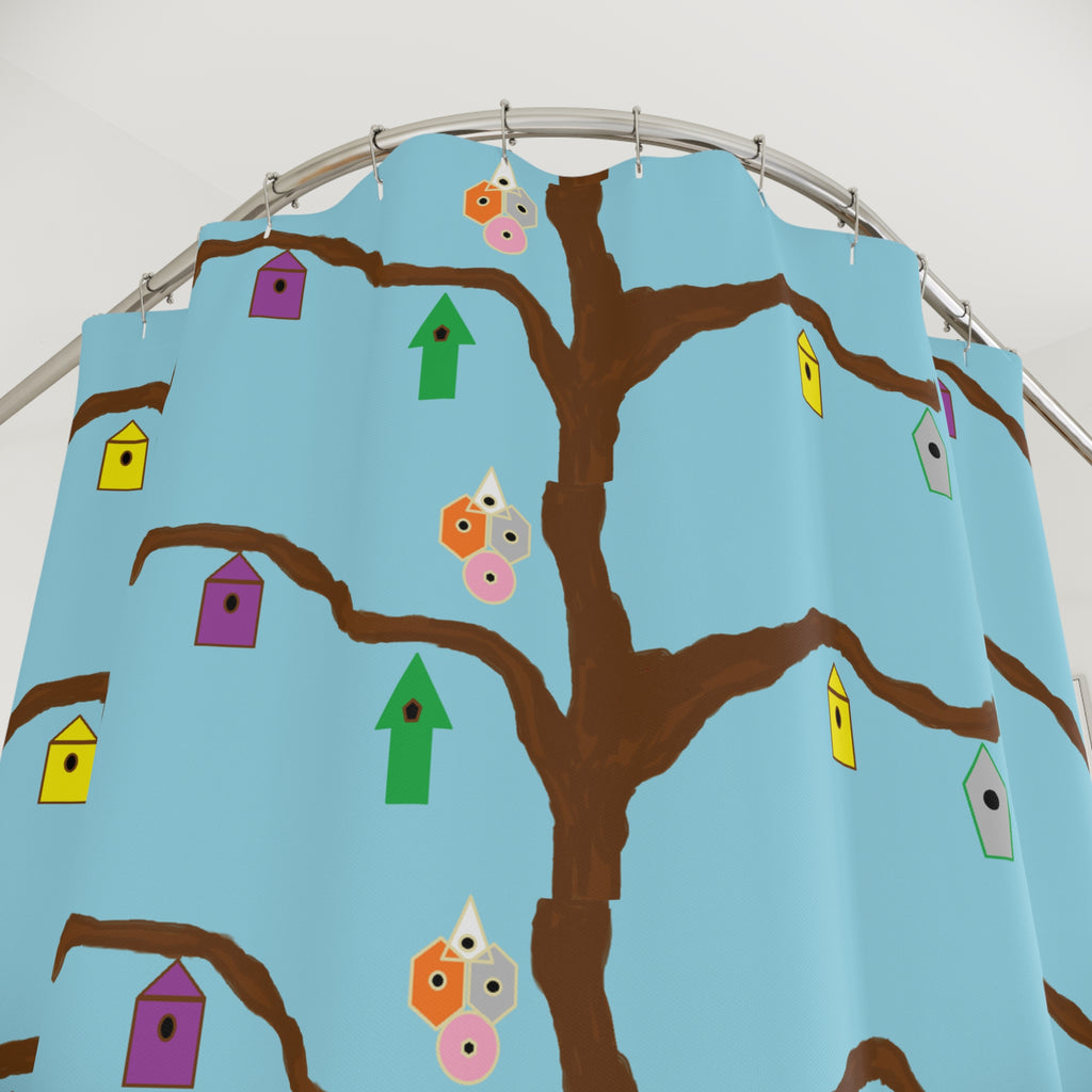 Birdhouse Tree Shower Curtain — Whimsical Blue Bathroom Decor
