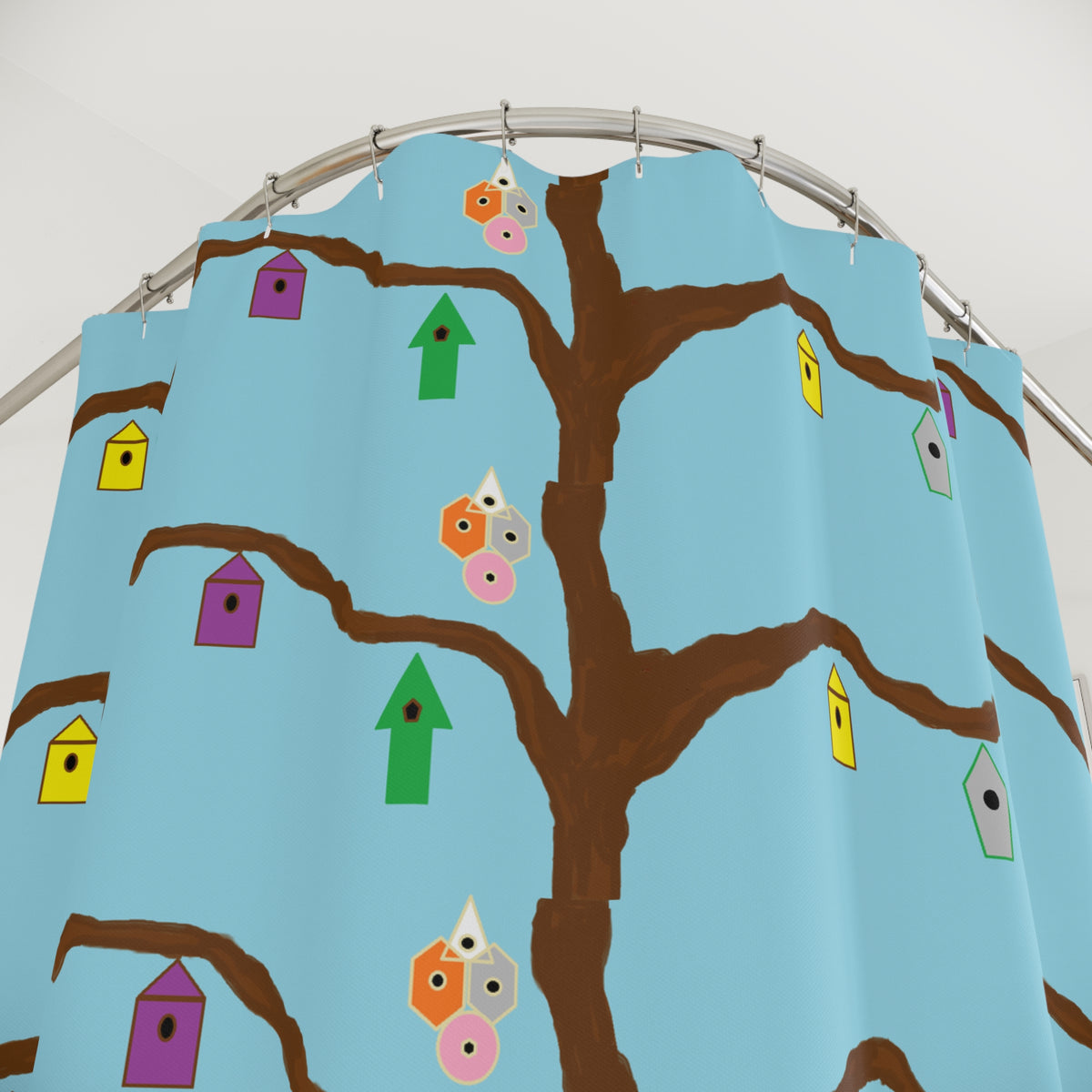 Birdhouse Tree Shower Curtain — Whimsical Blue Bathroom Decor