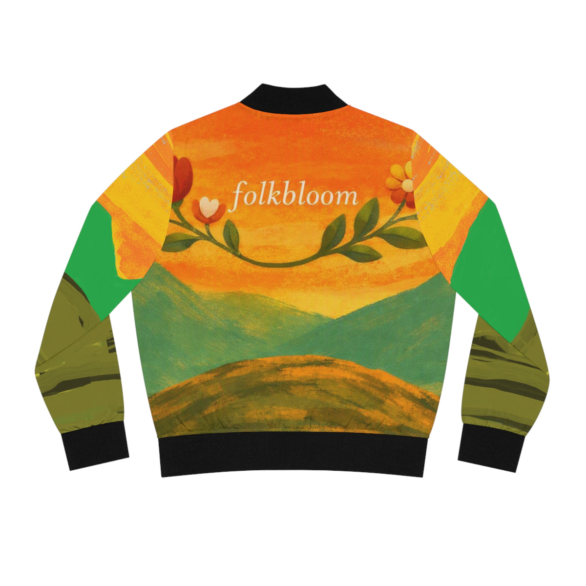 Folkbloom Floral Sunrise bomber jacket | landscape art, botanical motif