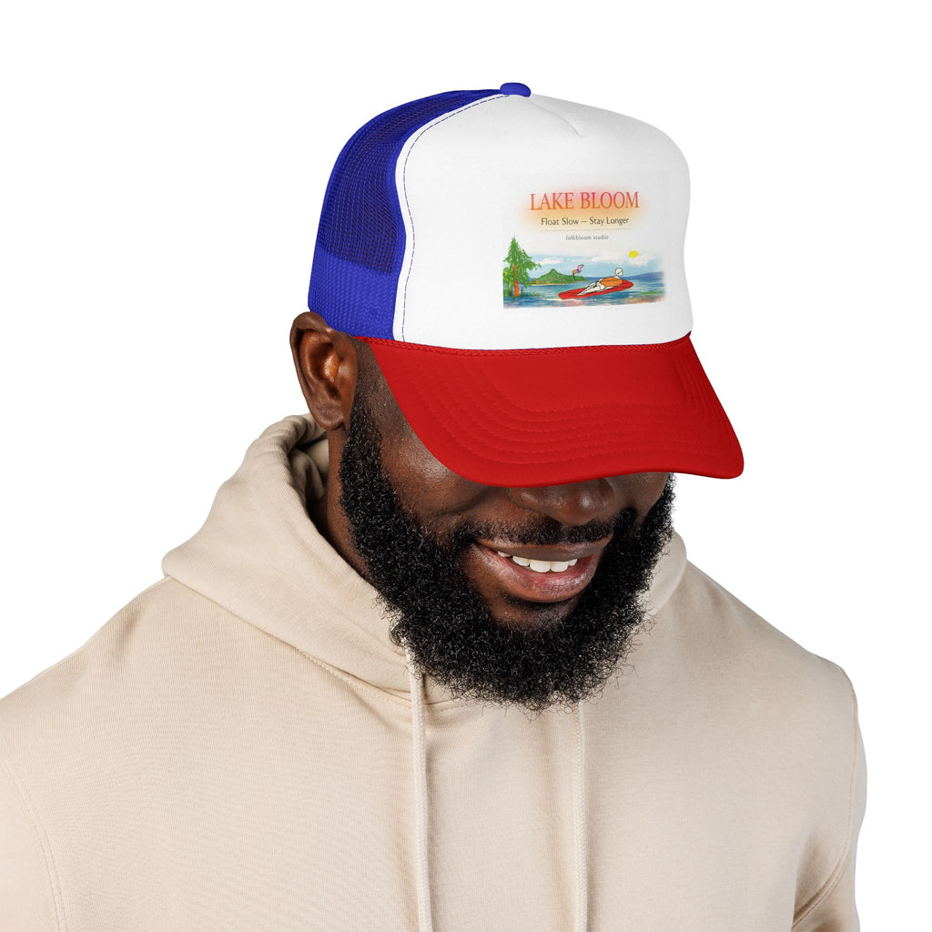 Lake Bloom Trucker Hat – Retro Lake Scene Foam Cap (Boat & Sunset)