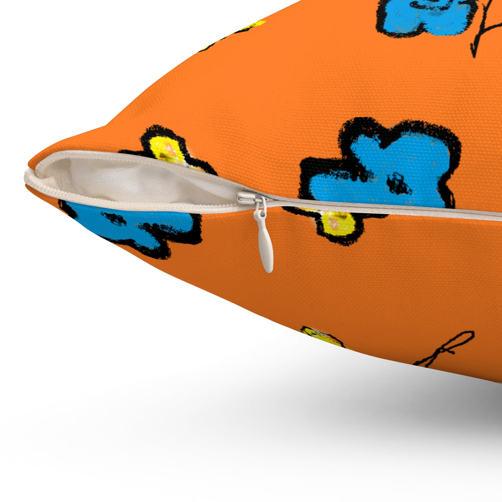 Blue and Yellow Floral Illustration Pillow | Orange Background
