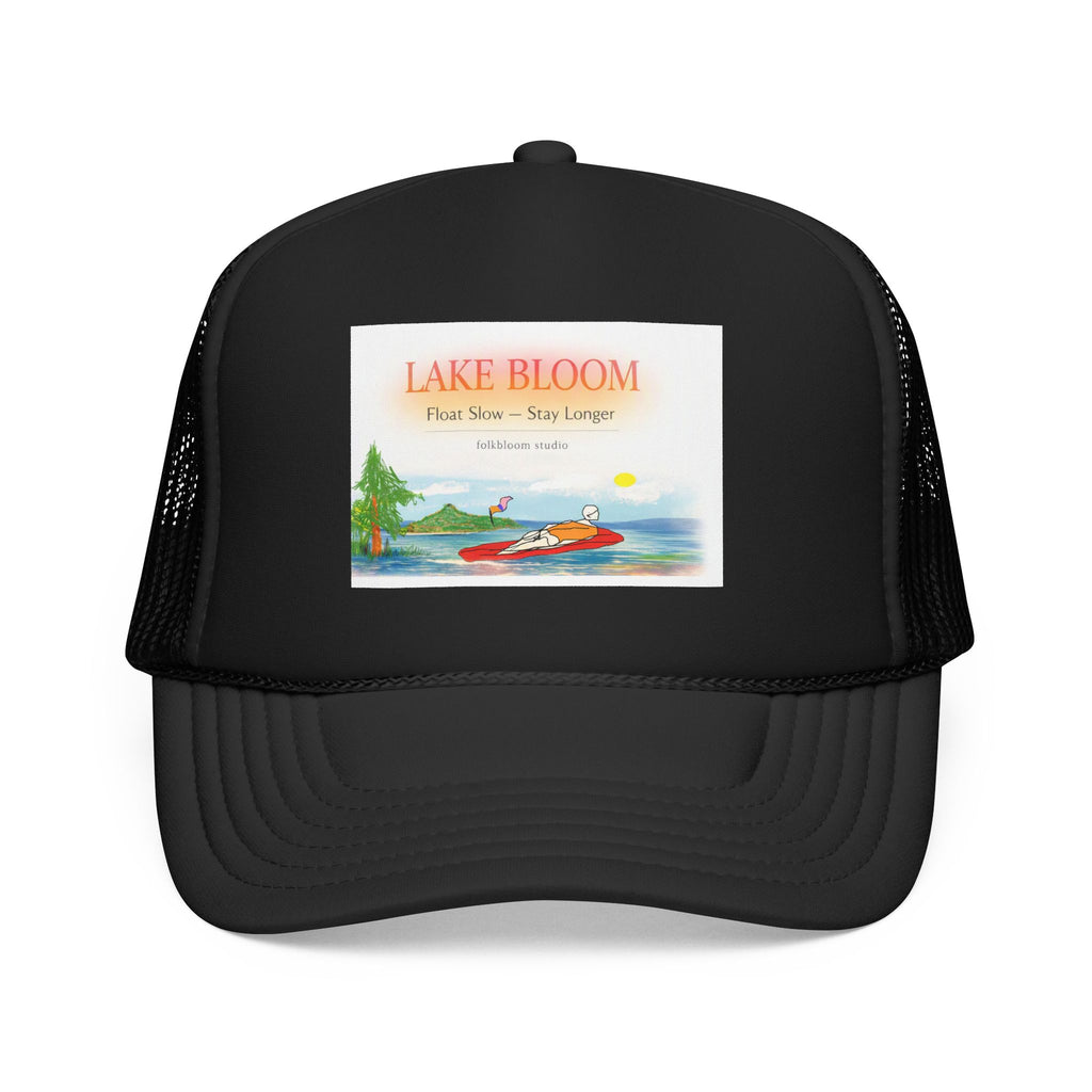 Lake Bloom Trucker Hat – Retro Lake Scene Foam Cap (Boat & Sunset)