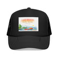 Lake Bloom Trucker Hat – Retro Lake Scene Foam Cap (Boat & Sunset)