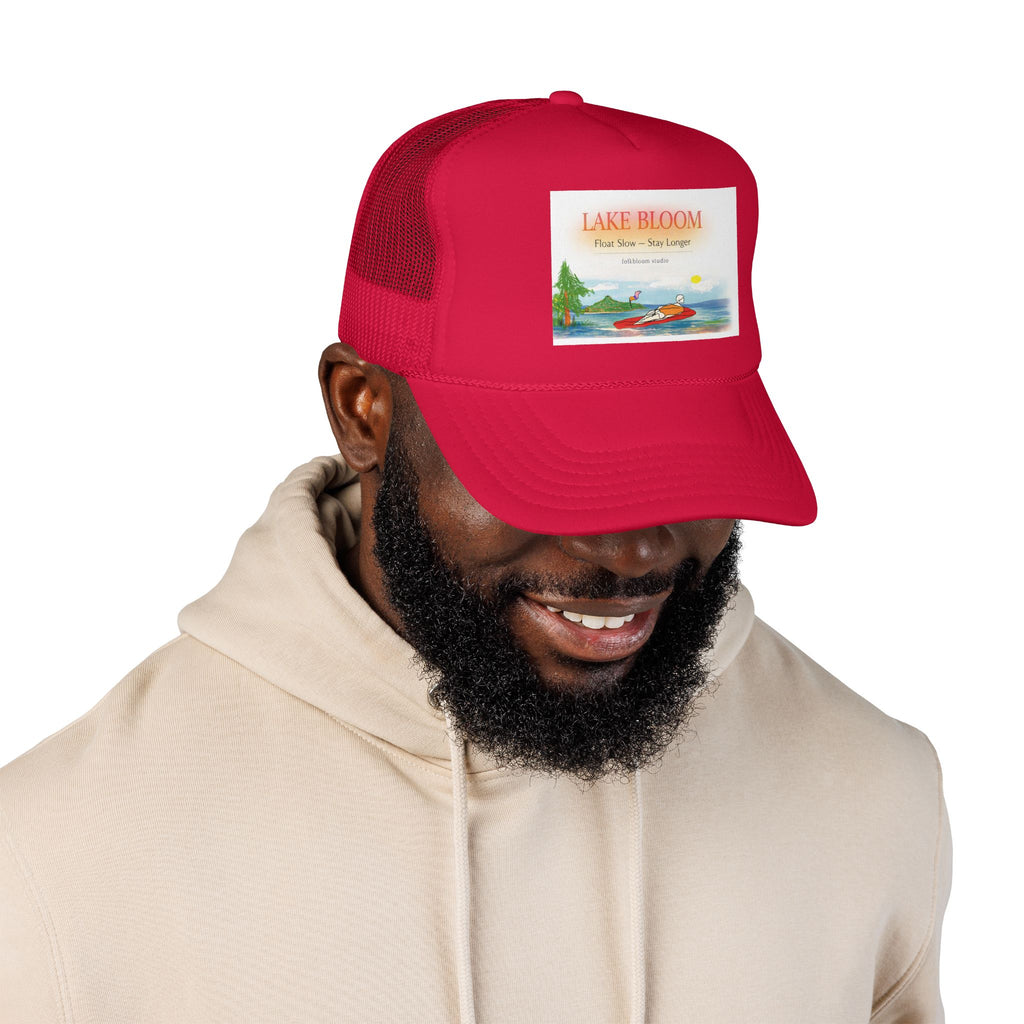 Lake Bloom Trucker Hat – Retro Lake Scene Foam Cap (Boat & Sunset)