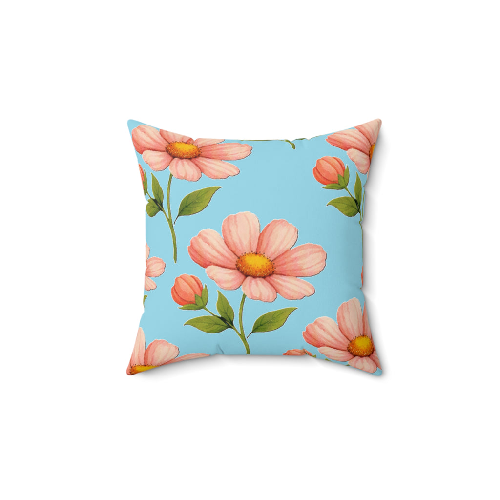 Pink Daisy Floral Pillow — Blue Botanical Decorative Throw Pillow