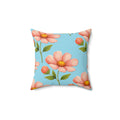 Pink Daisy Floral Pillow — Blue Botanical Decorative Throw Pillow
