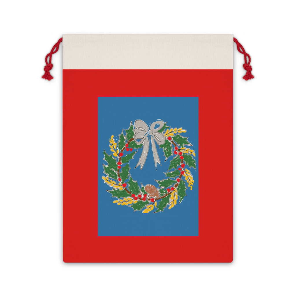 Holiday Wreath Gift Bag — Red Drawstring Christmas Pouch