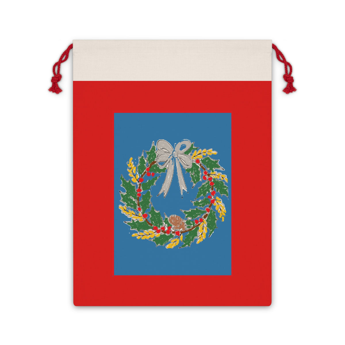 Holiday Wreath Gift Bag — Red Drawstring Christmas Pouch