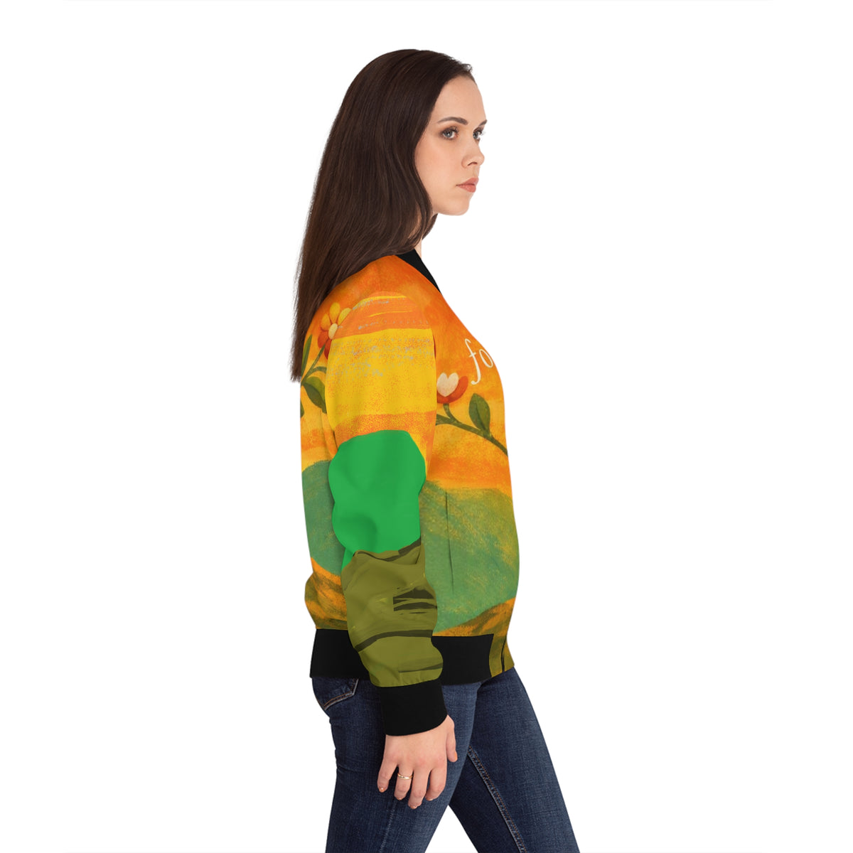 Folkbloom Floral Sunrise bomber jacket | landscape art, botanical motif