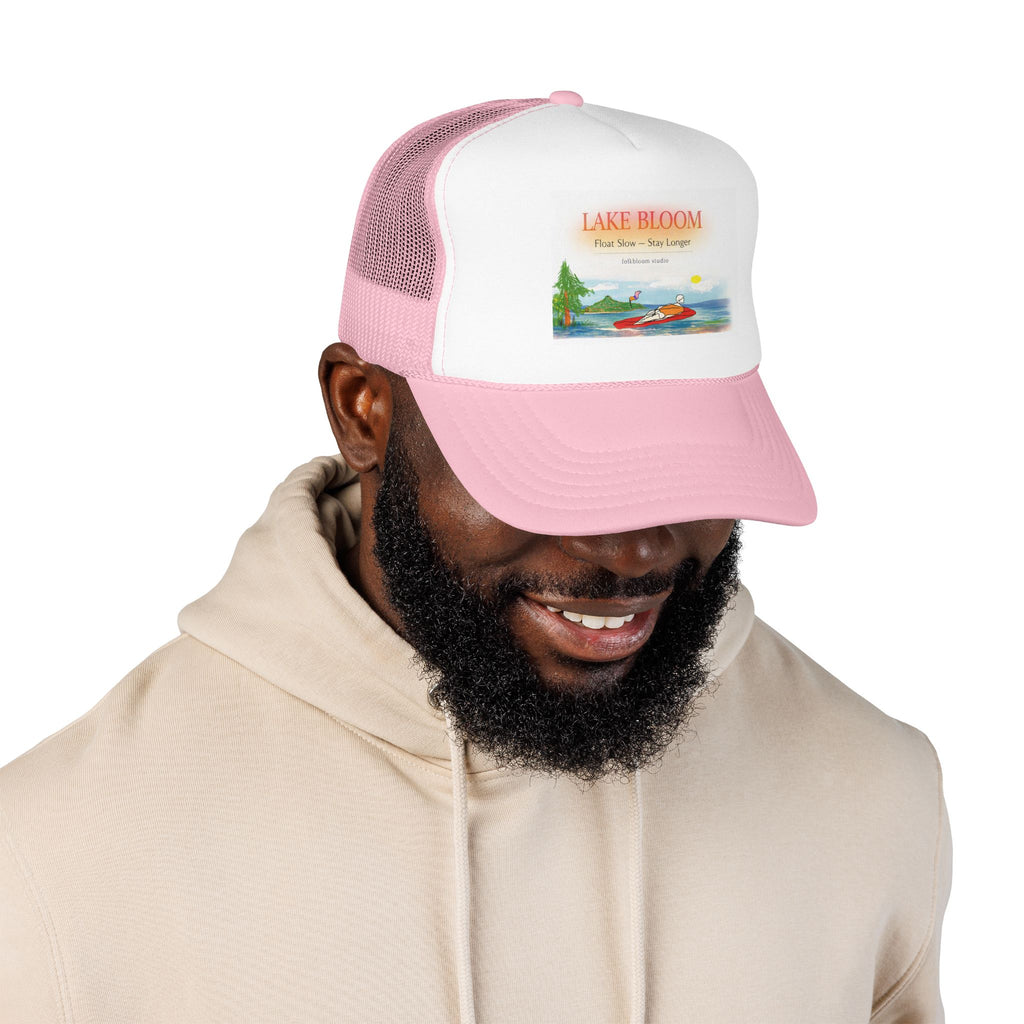 Lake Bloom Trucker Hat – Retro Lake Scene Foam Cap (Boat & Sunset)