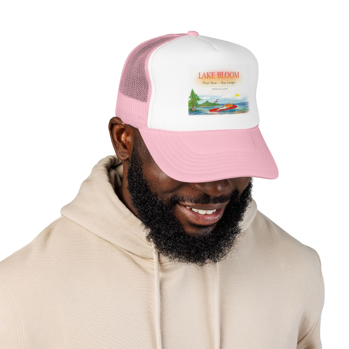 Lake Bloom Trucker Hat – Retro Lake Scene Foam Cap (Boat & Sunset)