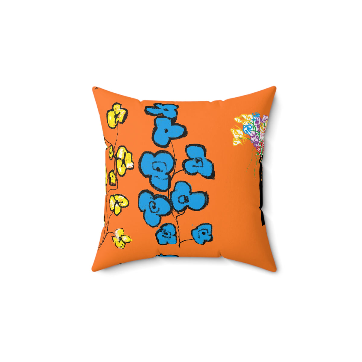 Blue and Yellow Floral Illustration Pillow | Orange Background