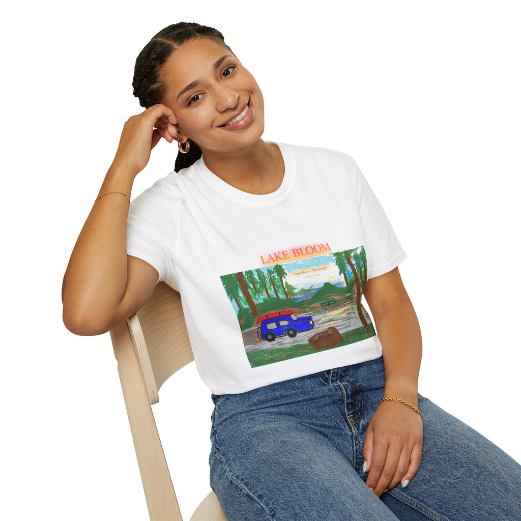 Lake Bloom Scenic T-Shirt — Vintage Camper Van Lake Sunset Design
