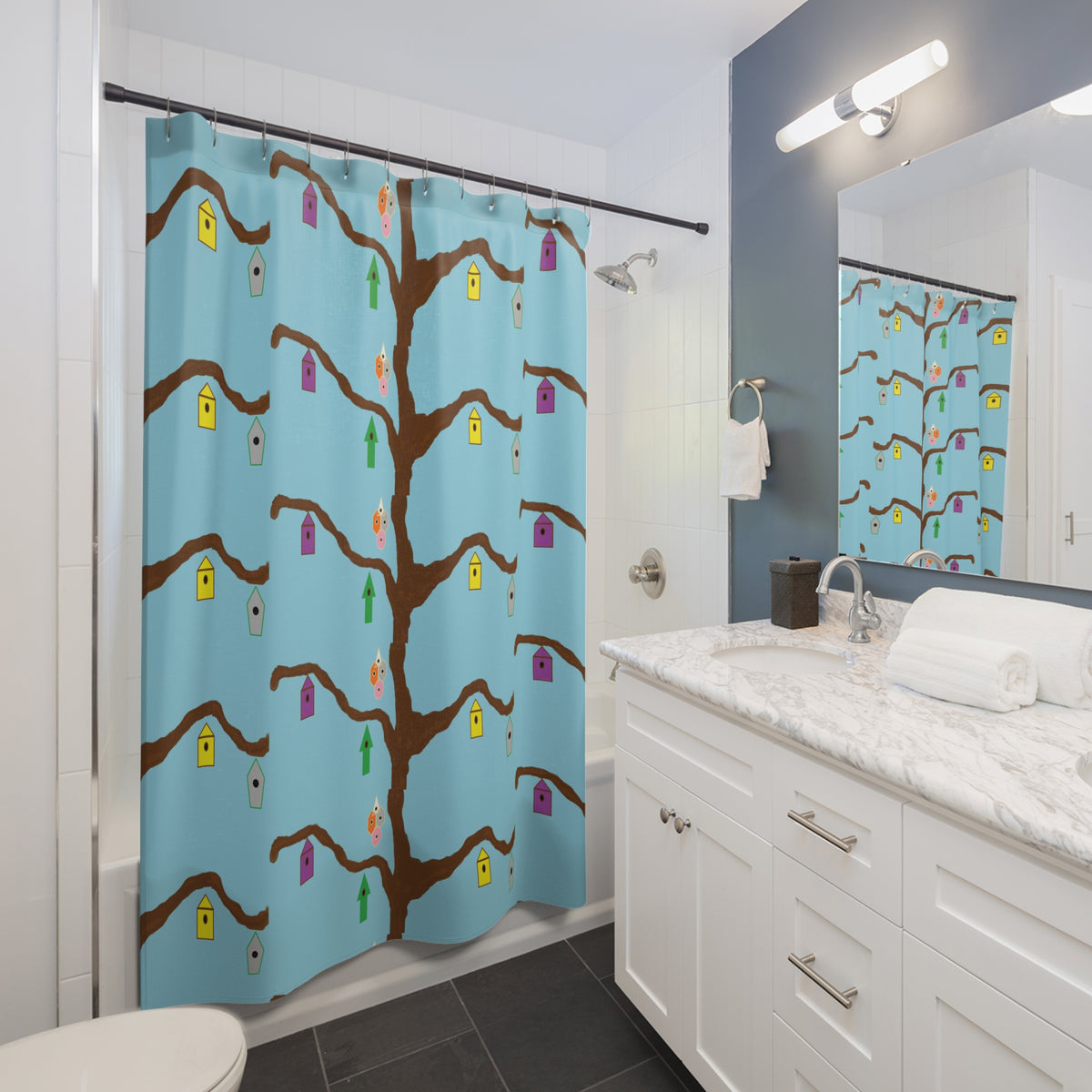 Birdhouse Tree Shower Curtain — Whimsical Blue Bathroom Decor