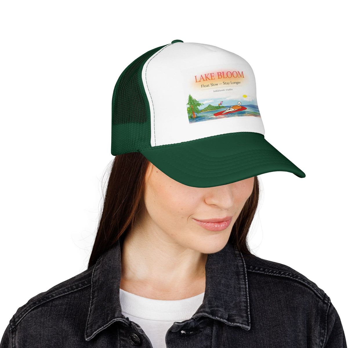 Lake Bloom Trucker Hat – Retro Lake Scene Foam Cap (Boat & Sunset)
