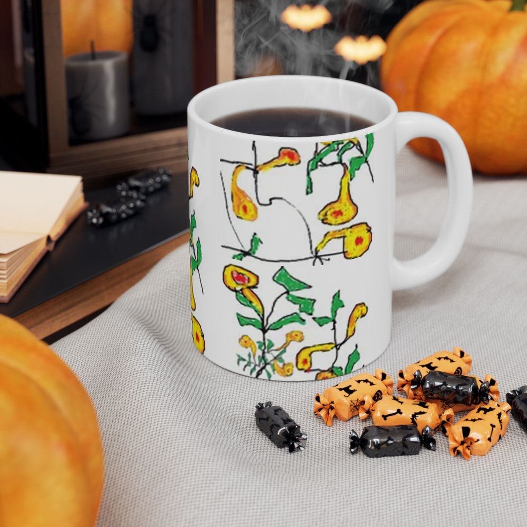 Yellow Floral Ceramic Mug — Hand-Drawn Wildflower Pattern (11oz & 15oz)
