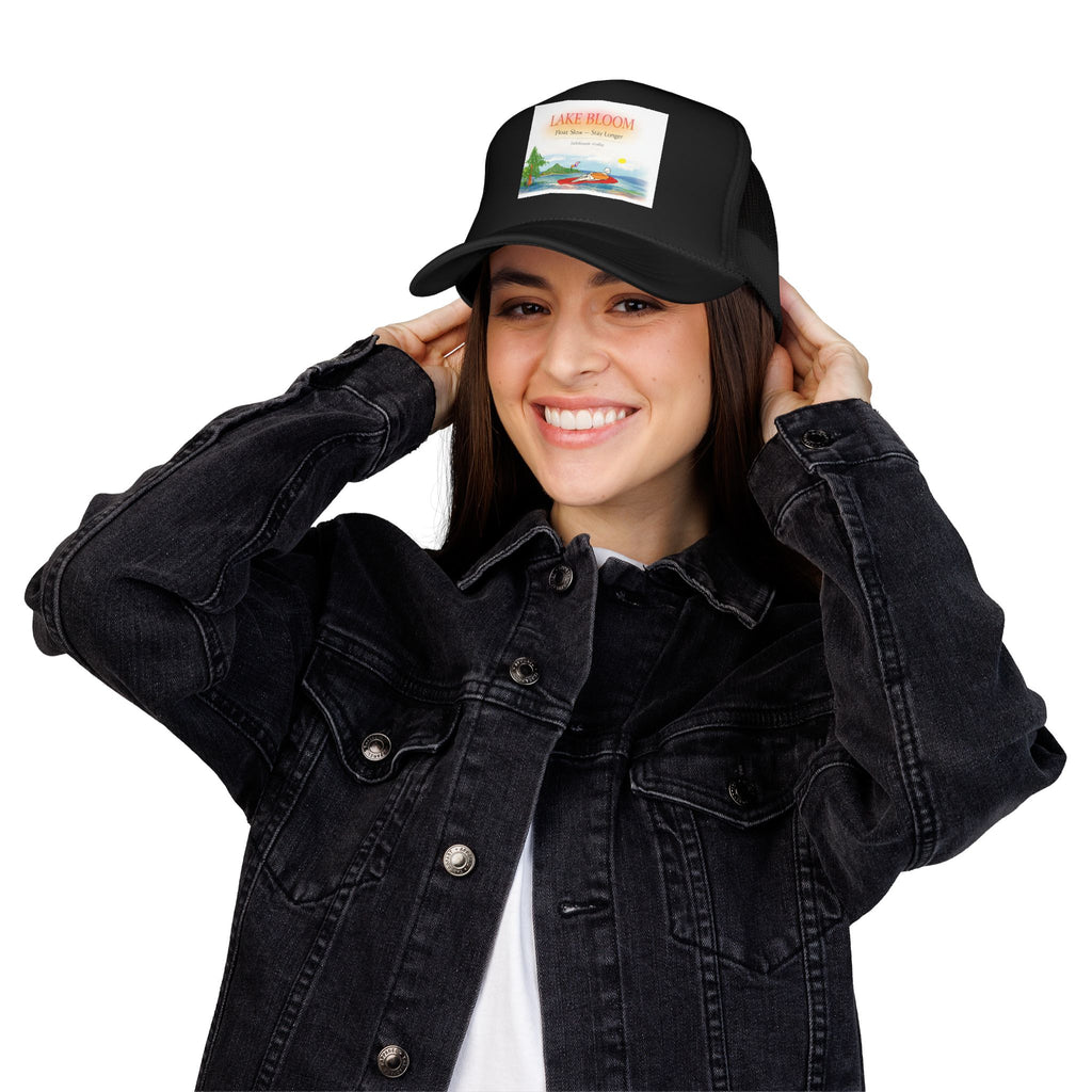Lake Bloom Trucker Hat – Retro Lake Scene Foam Cap (Boat & Sunset)
