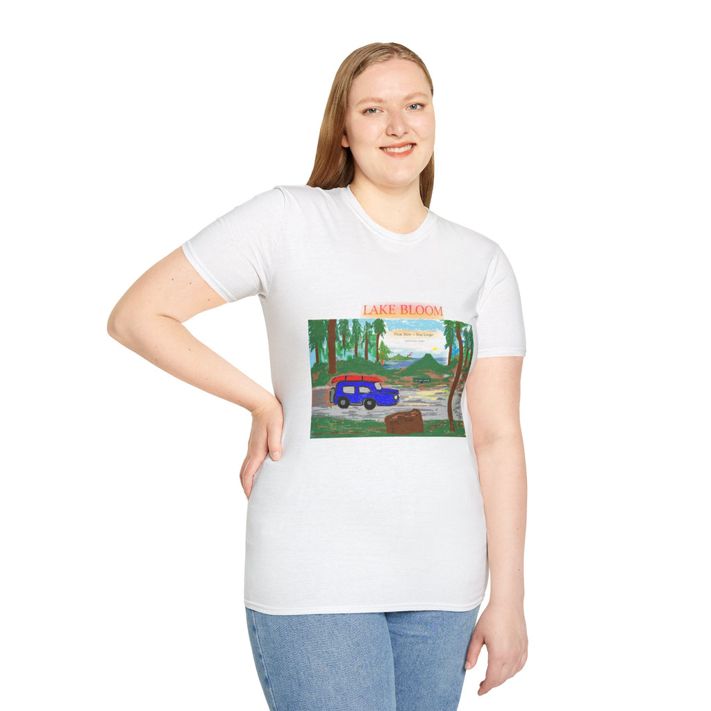 Lake Bloom Scenic T-Shirt — Vintage Camper Van Lake Sunset Design