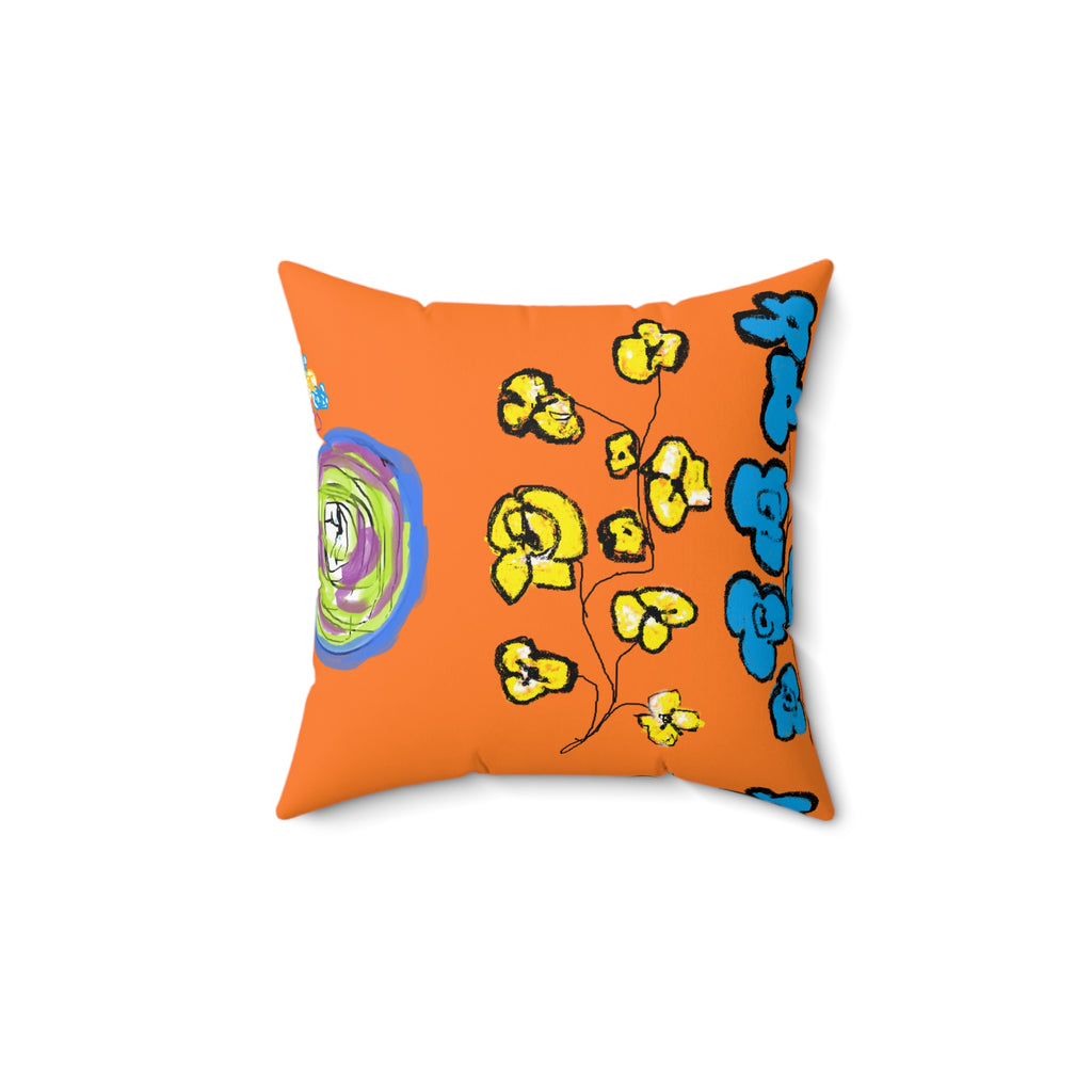 Blue and Yellow Floral Illustration Pillow | Orange Background