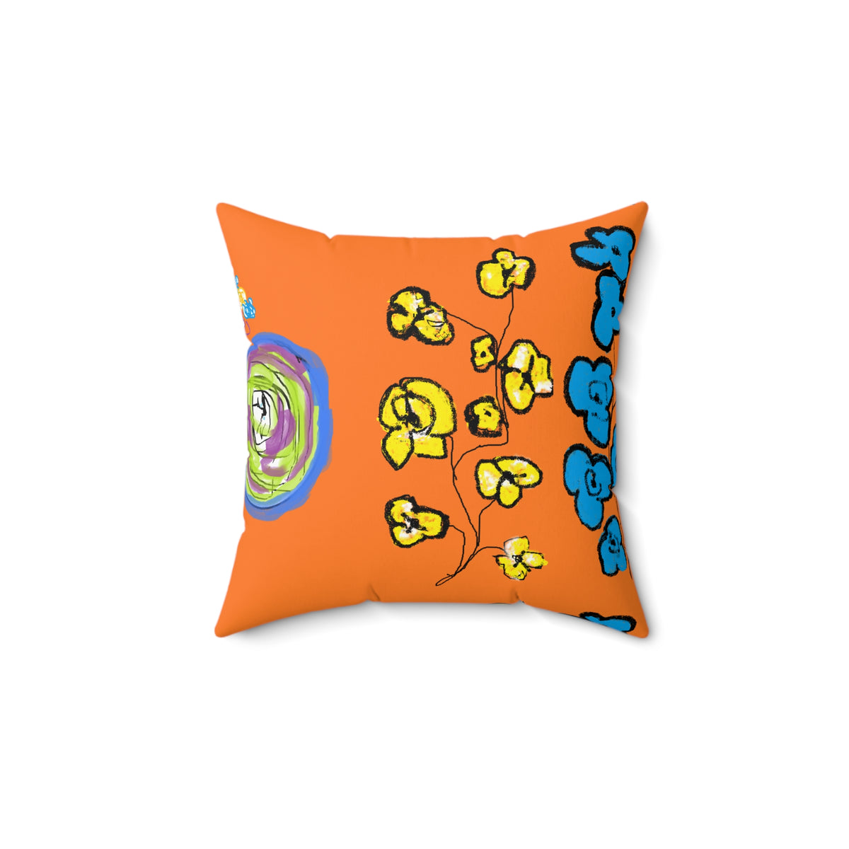Blue and Yellow Floral Illustration Pillow | Orange Background