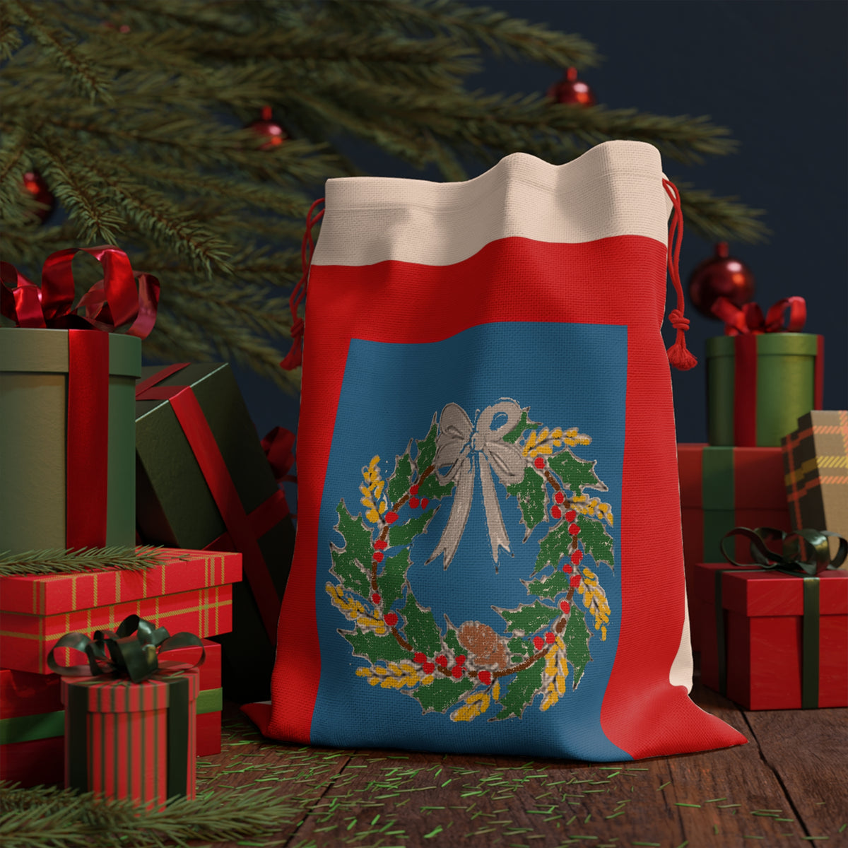 Holiday Wreath Gift Bag — Red Drawstring Christmas Pouch