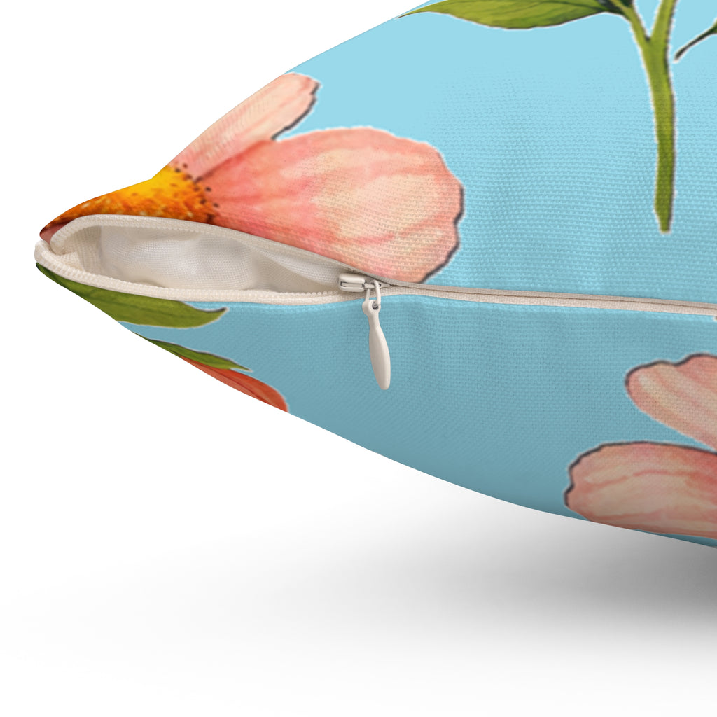 Pink Daisy Floral Pillow — Blue Botanical Decorative Throw Pillow