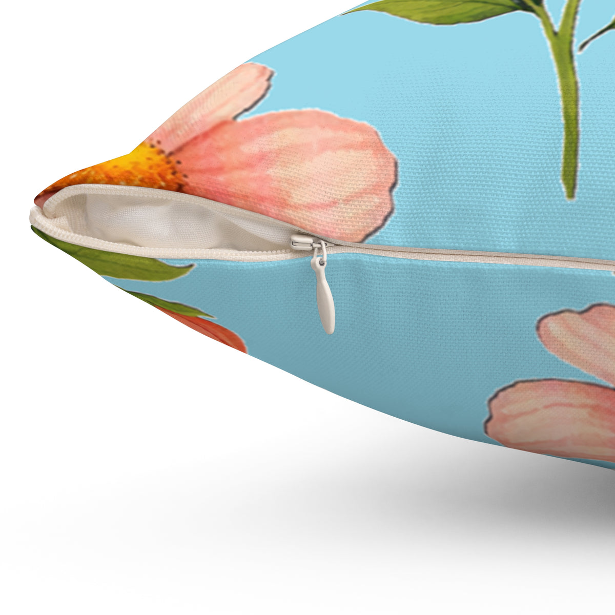 Pink Daisy Floral Pillow — Blue Botanical Decorative Throw Pillow