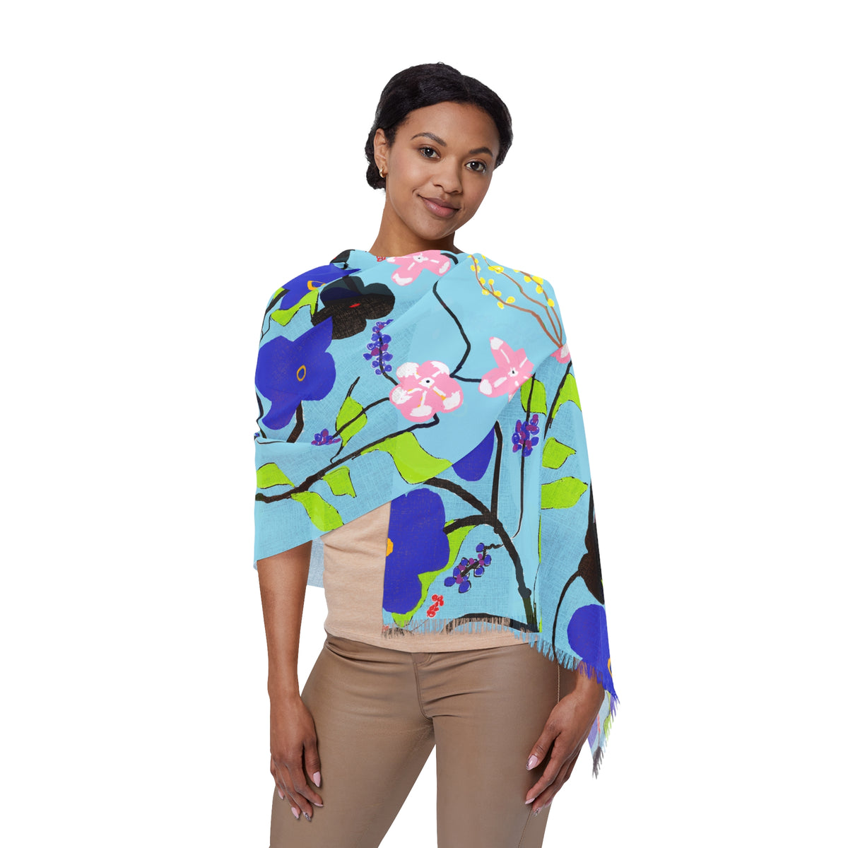 Lightweight Floral Scarf — Blue Pansy Pattern