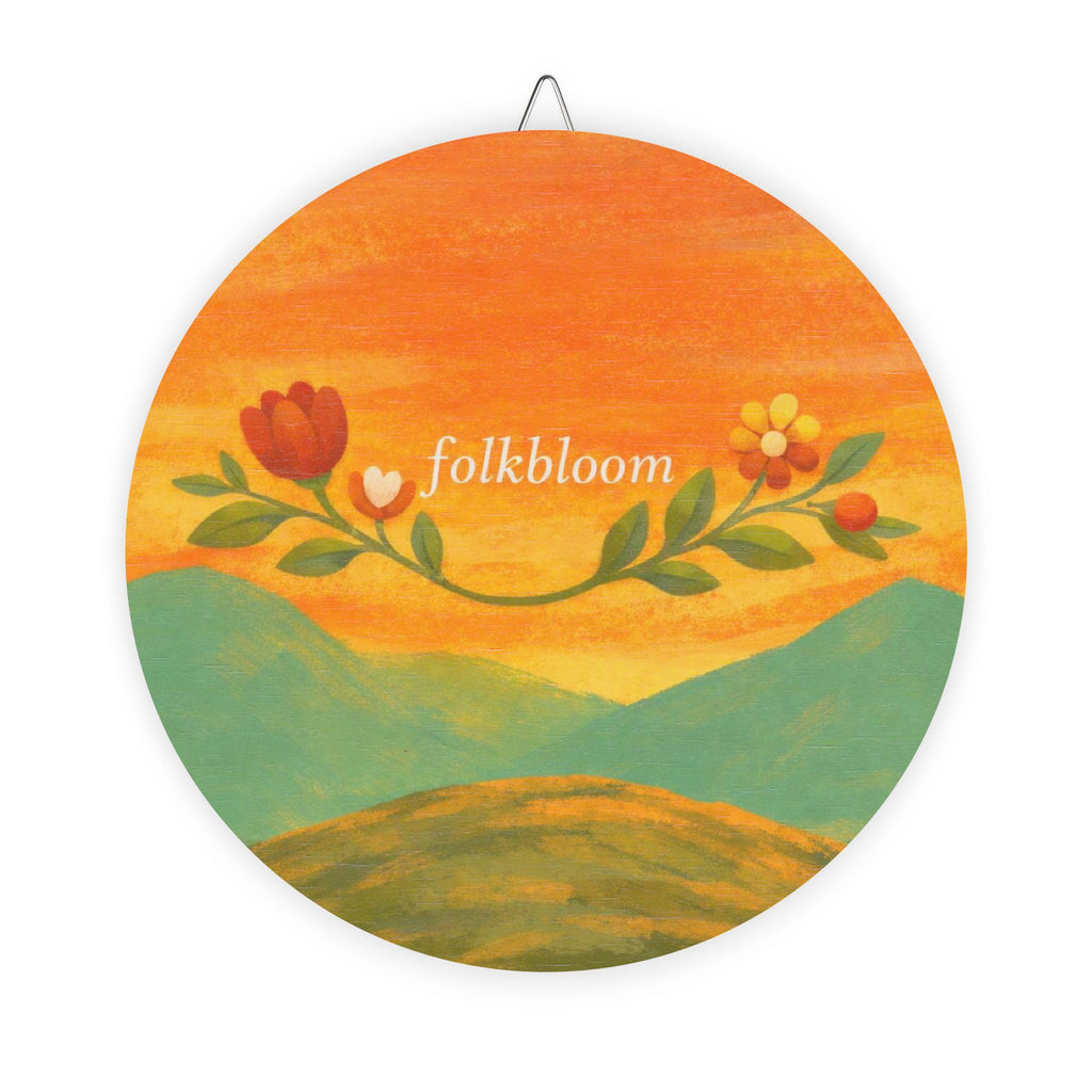 Folk Bloom Round Wood Sign – Floral Sunset Decorative Plaque