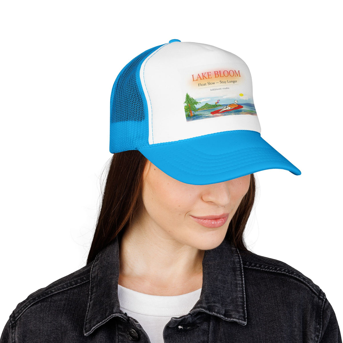 Lake Bloom Trucker Hat – Retro Lake Scene Foam Cap (Boat & Sunset)