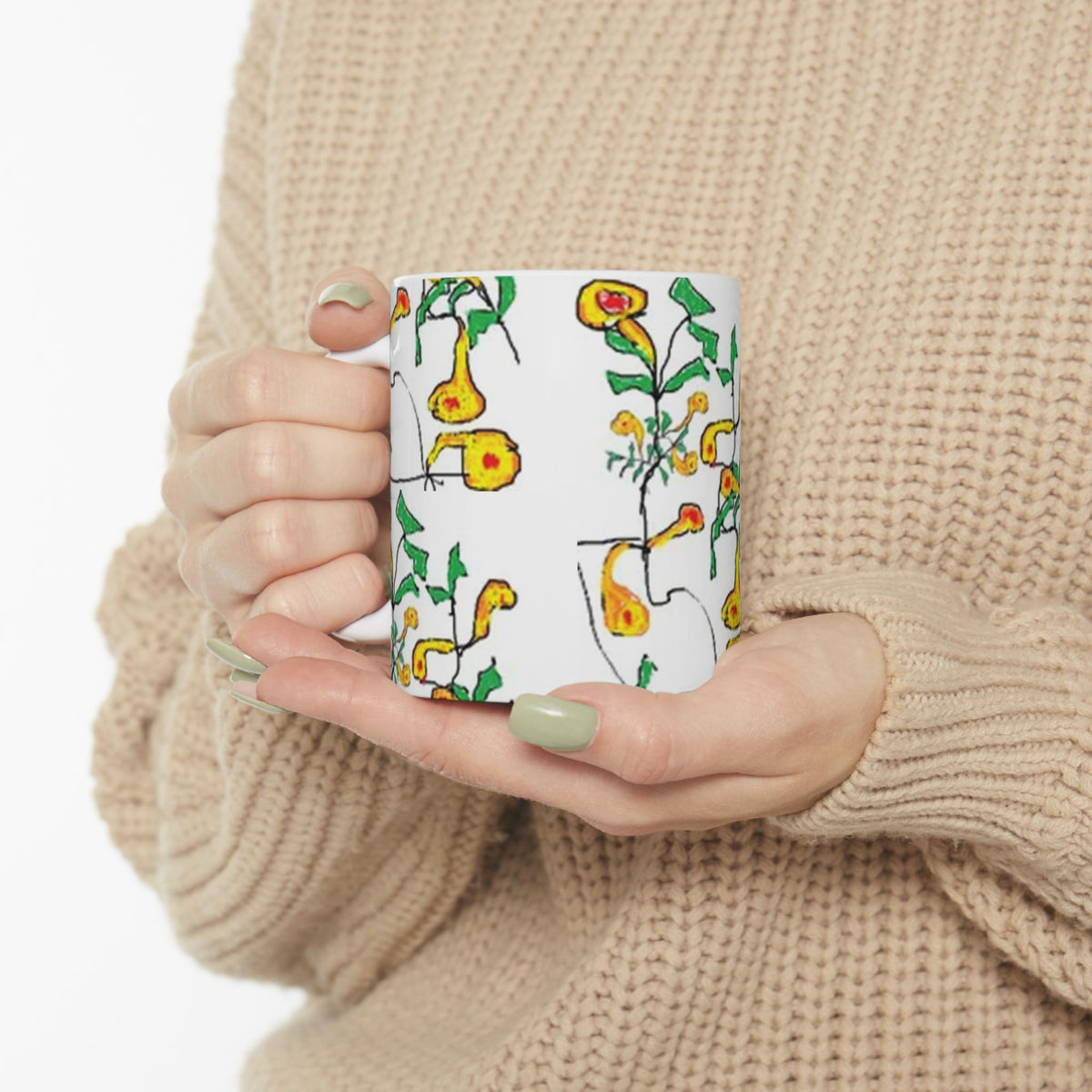Yellow Floral Ceramic Mug — Hand-Drawn Wildflower Pattern (11oz & 15oz)
