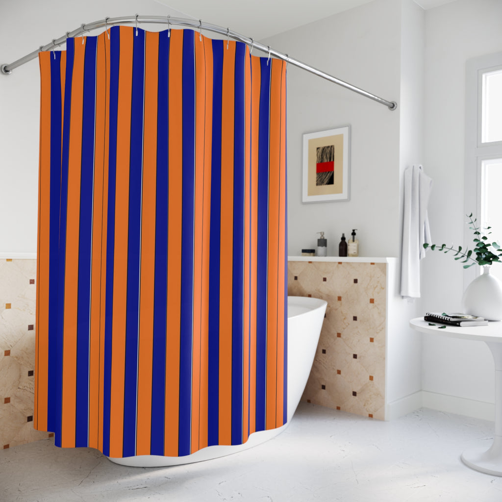 Bold Navy & Orange Vertical Stripe Shower Curtain — Modern Bathroom Decor