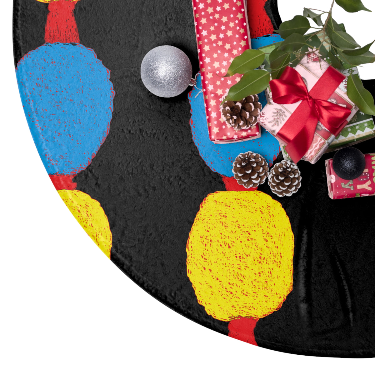 Retro Holiday Light Pattern Christmas Tree Skirt | Black, Blue, Yellow