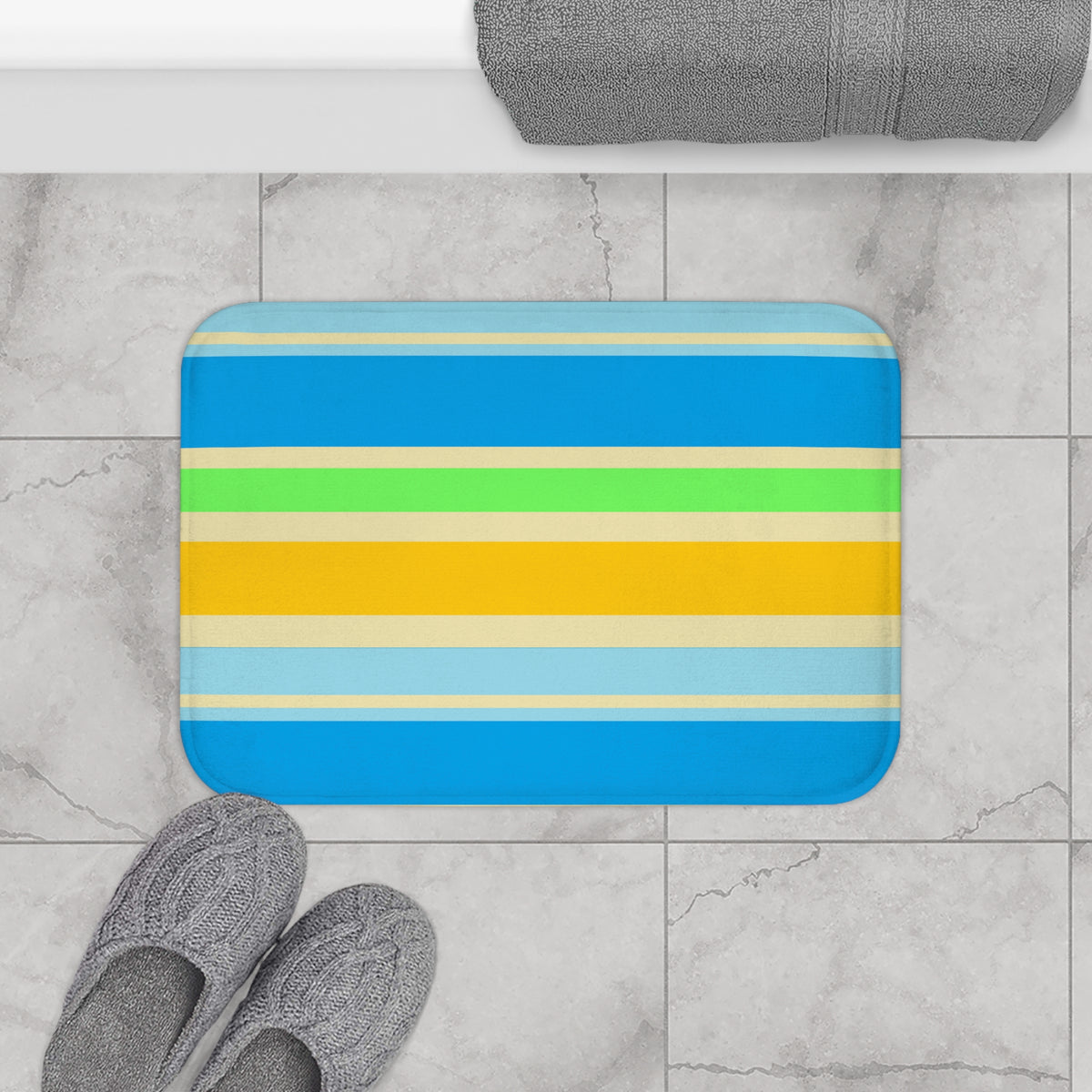Striped Beach Vibes Bath Mat — Blue, Yellow & Green Summer Stripe