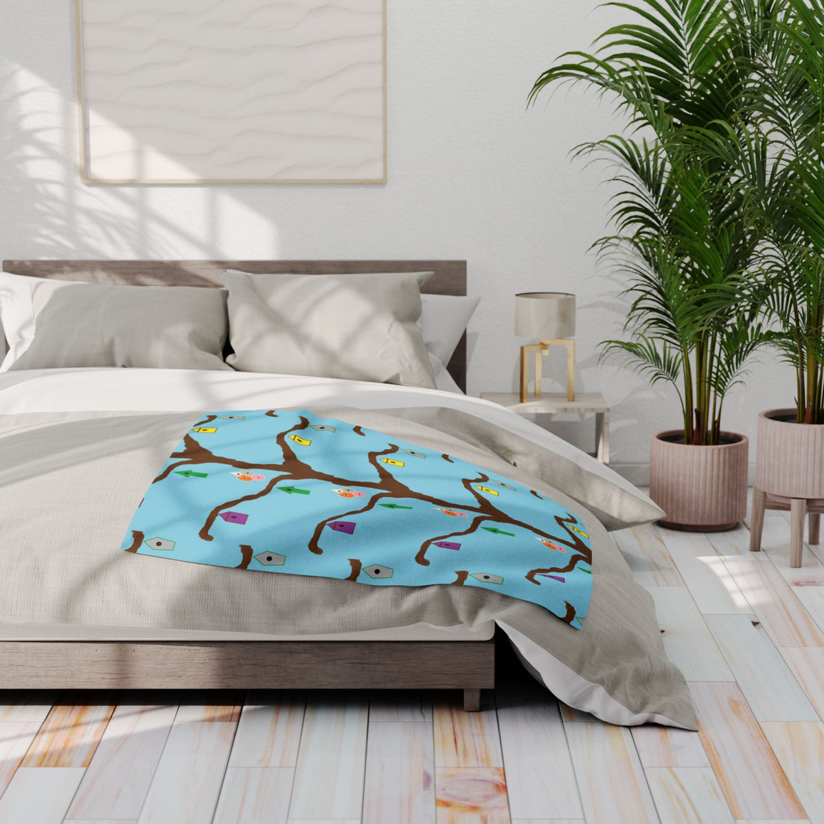 Blue Birdhouse Fleece Blanket — Playful Tree & Birds Cozy Throw