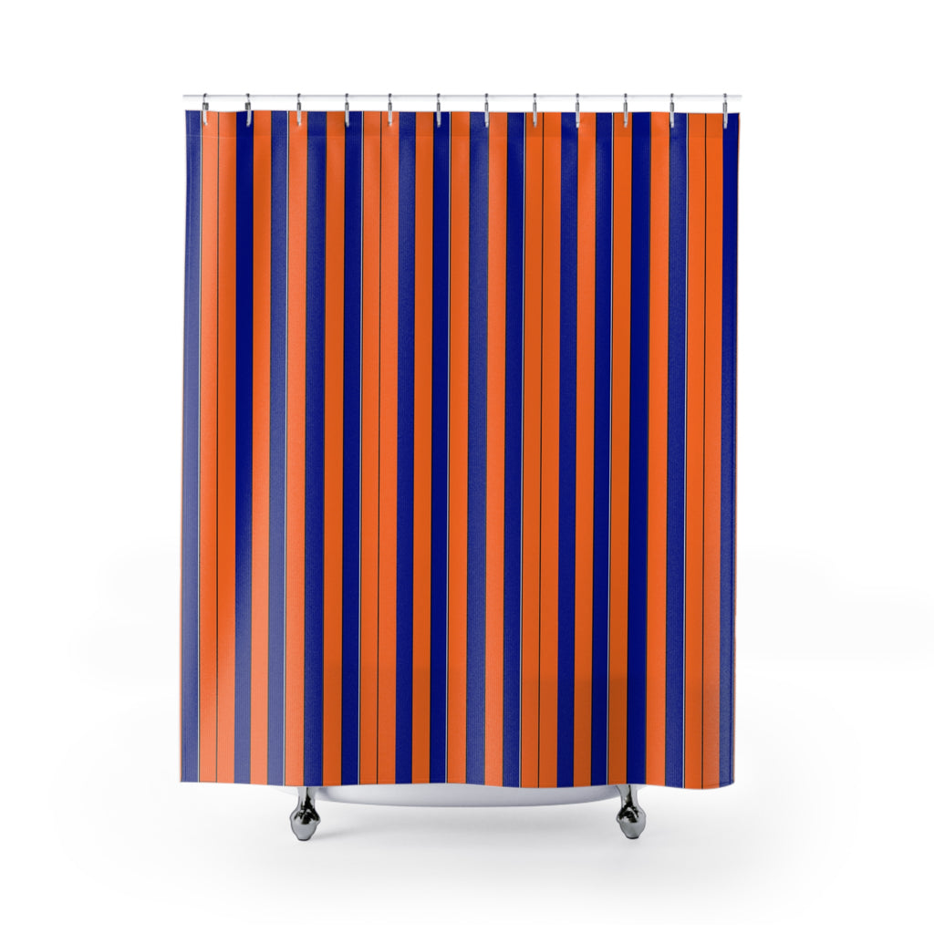 Bold Navy & Orange Vertical Stripe Shower Curtain — Modern Bathroom Decor