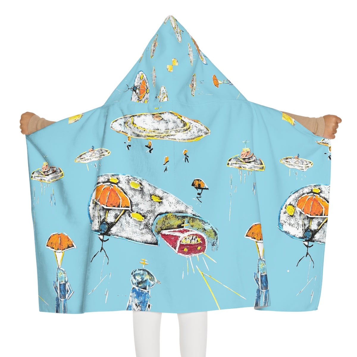 Youth Hooded Towel – Whimsical UFOs & Umbrellas Beach Towel for Kids