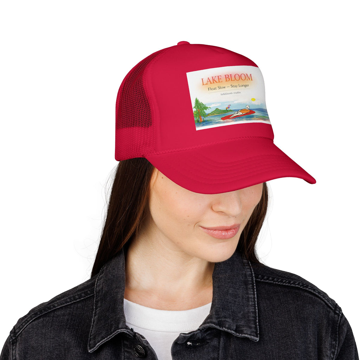 Lake Bloom Trucker Hat – Retro Lake Scene Foam Cap (Boat & Sunset)
