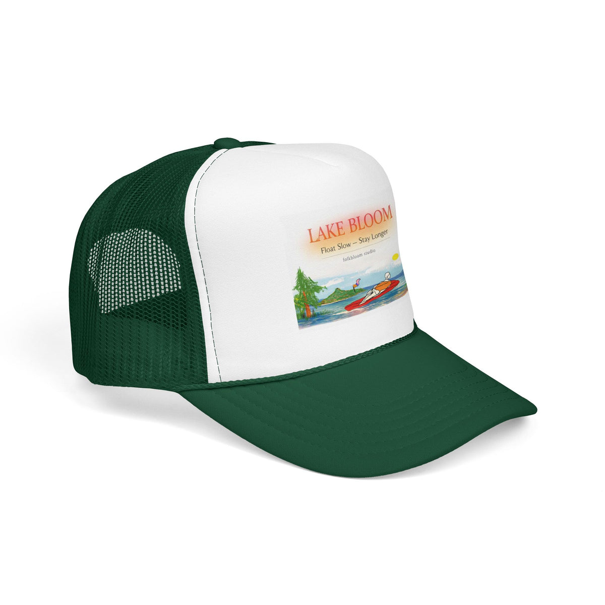 Lake Bloom Trucker Hat – Retro Lake Scene Foam Cap (Boat & Sunset)