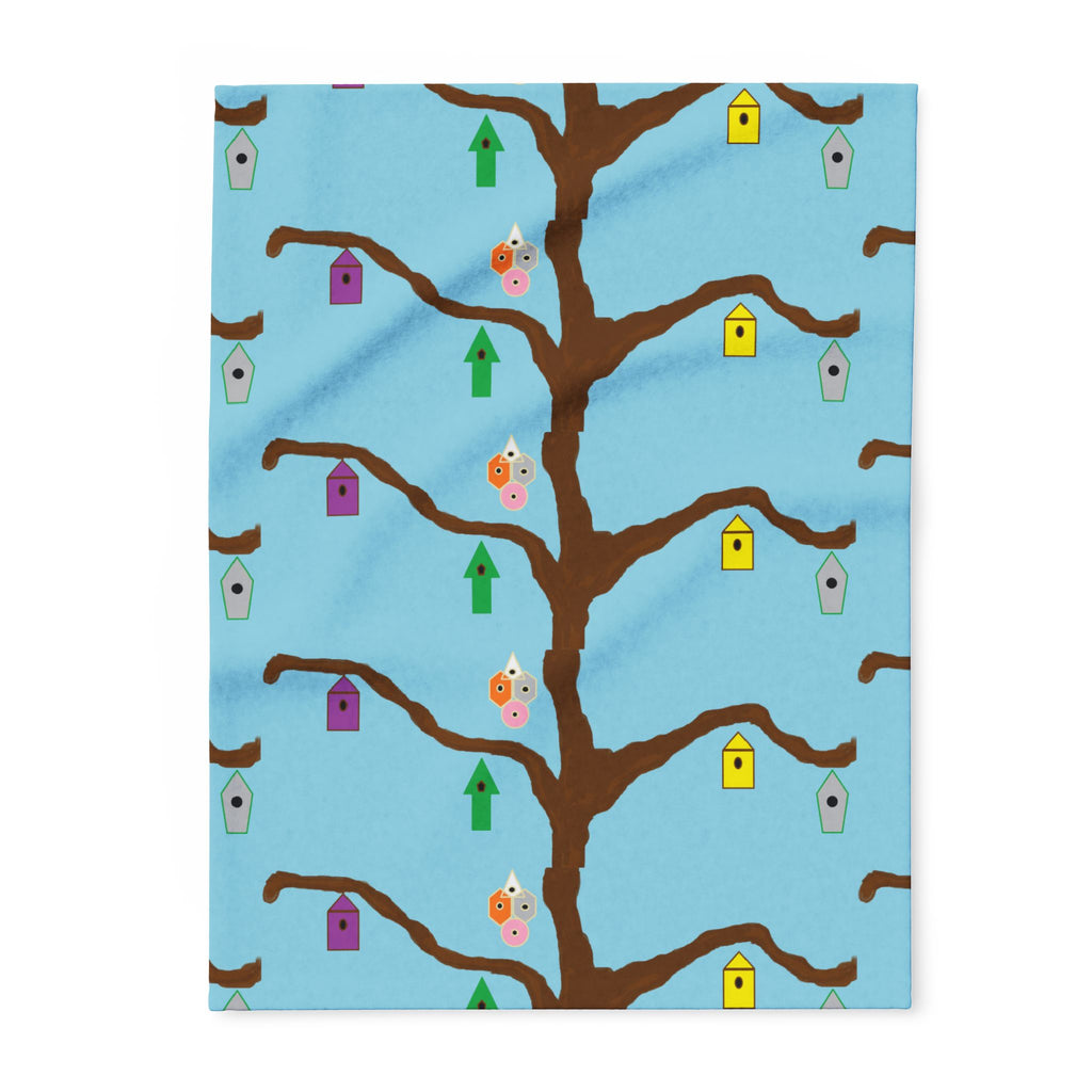 Blue Birdhouse Fleece Blanket — Playful Tree & Birds Cozy Throw