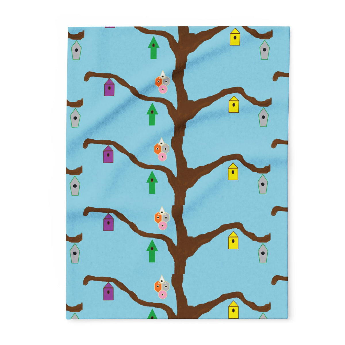 Blue Birdhouse Fleece Blanket — Playful Tree & Birds Cozy Throw