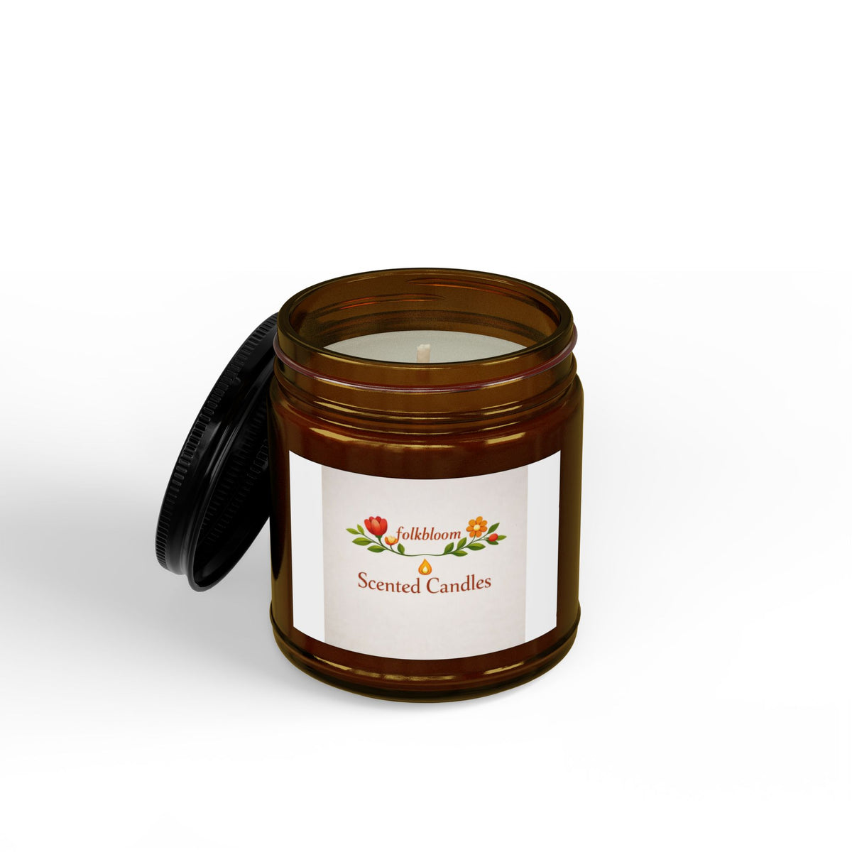 Scented Soy Candle Jar — 4oz & 9oz Amber Glass with Black Lid (FolkBloom Scents)
