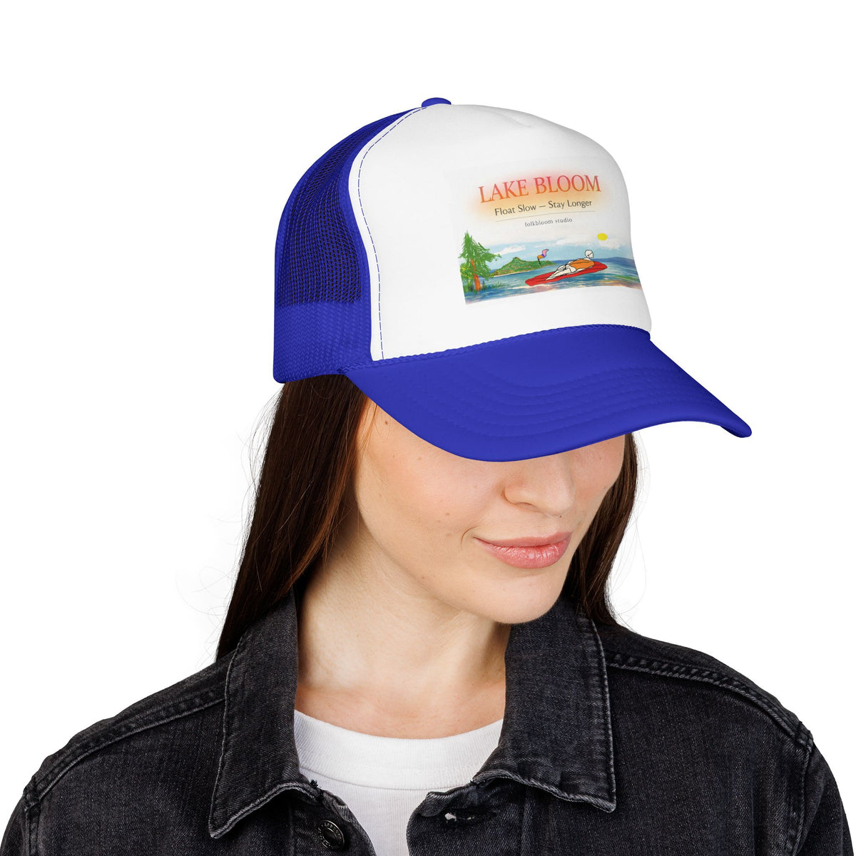 Lake Bloom Trucker Hat – Retro Lake Scene Foam Cap (Boat & Sunset)