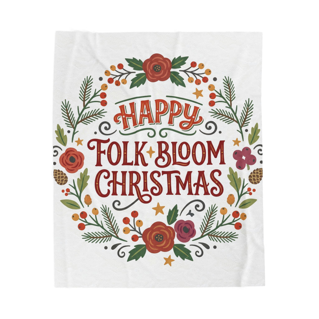 Christmas Velveteen Plush Blanket — "Happy Folk Bloom Christmas" Floral Holiday Throw