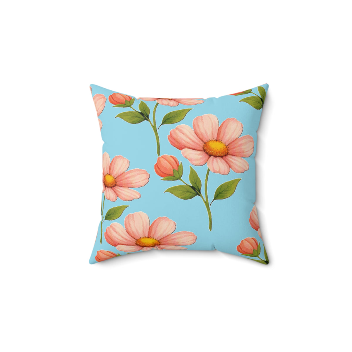 Pink Daisy Floral Pillow — Blue Botanical Decorative Throw Pillow
