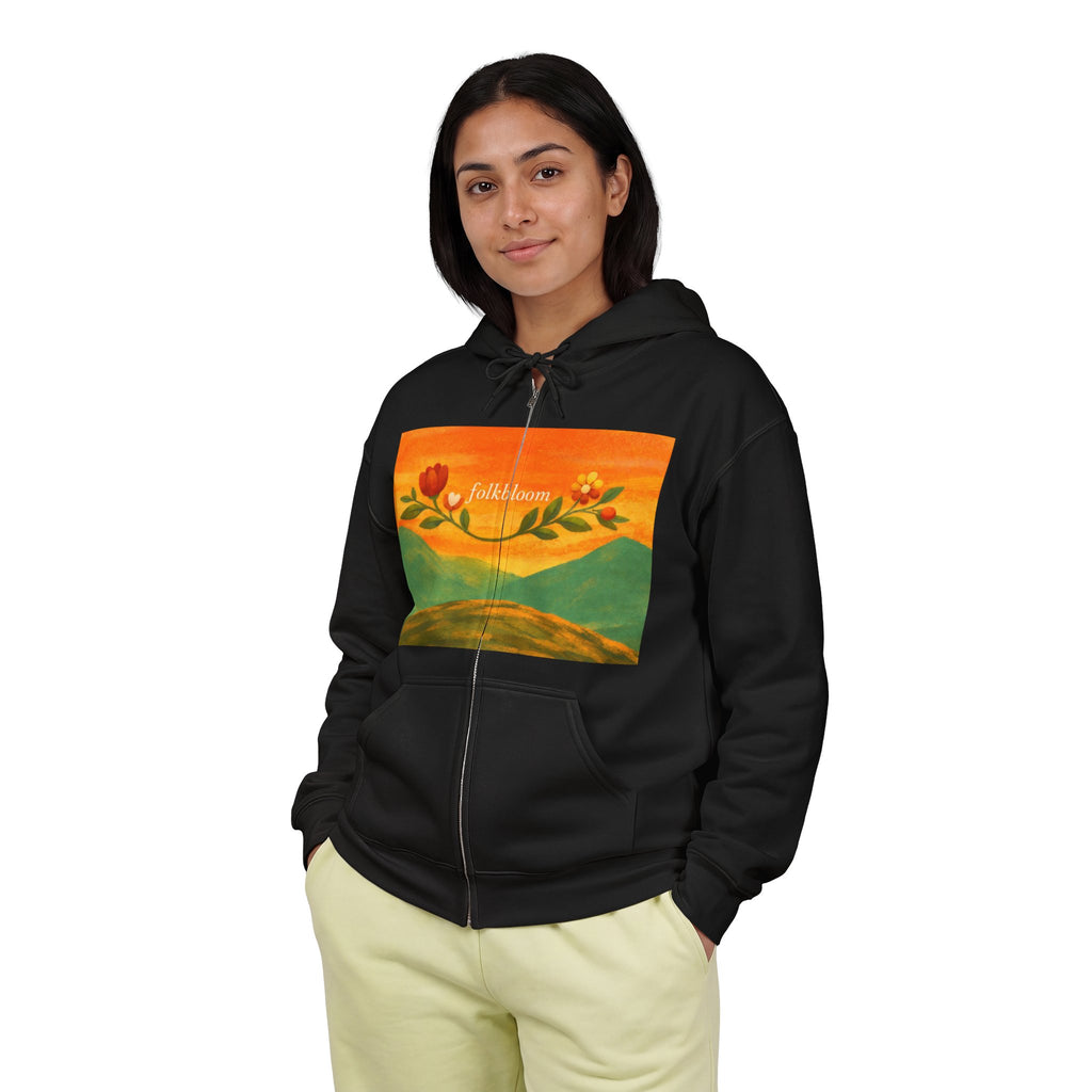 Full-Zip Hoodie — 'Folk Bloom' Floral Sunset Zip-Up