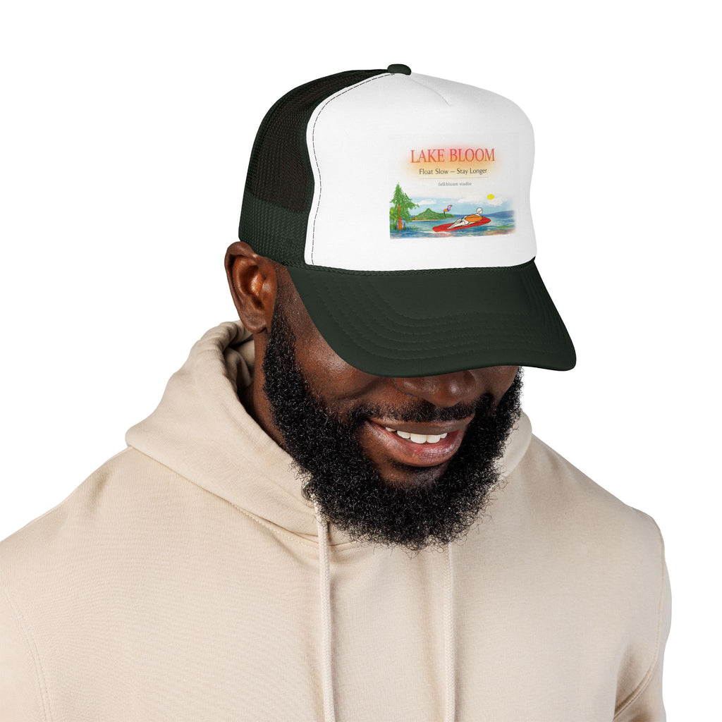 Lake Bloom Trucker Hat – Retro Lake Scene Foam Cap (Boat & Sunset)